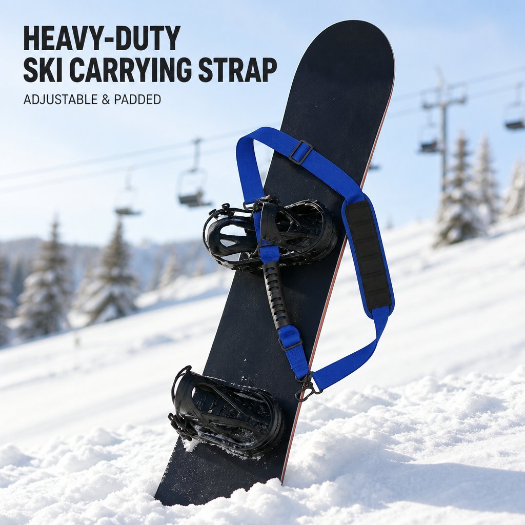 Padded ski and snowboard carrier strap fitted to a board on a snow-covered slope with a chairlift behind