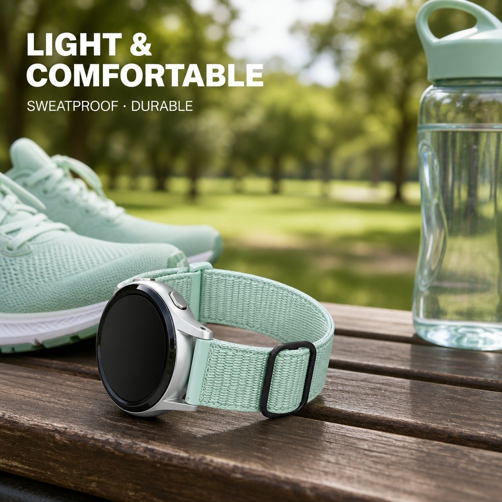 Trail running shoes, hydration bottle and sweatproof hook-and-loop strap on an outdoor bench