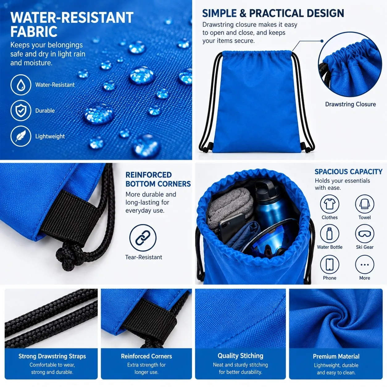 Drawstring backpack water-resistant fabric reinforced corners detail