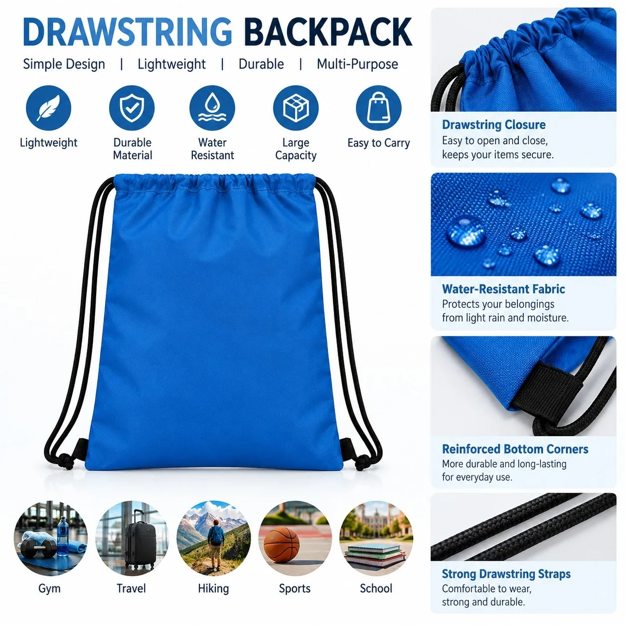 Drawstring backpack features lightweight durable multi-purpose