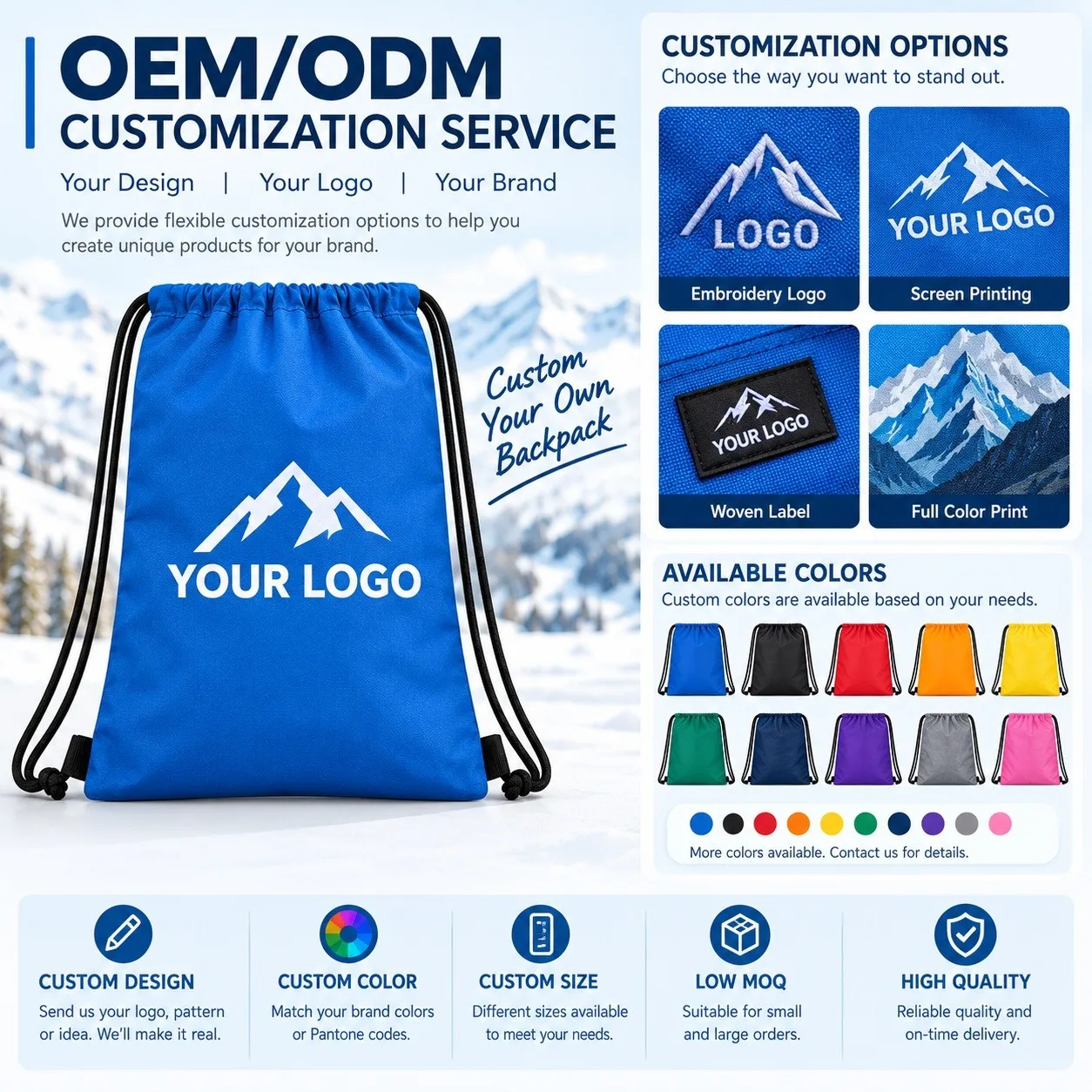 OEM ODM custom logo drawstring backpack customization