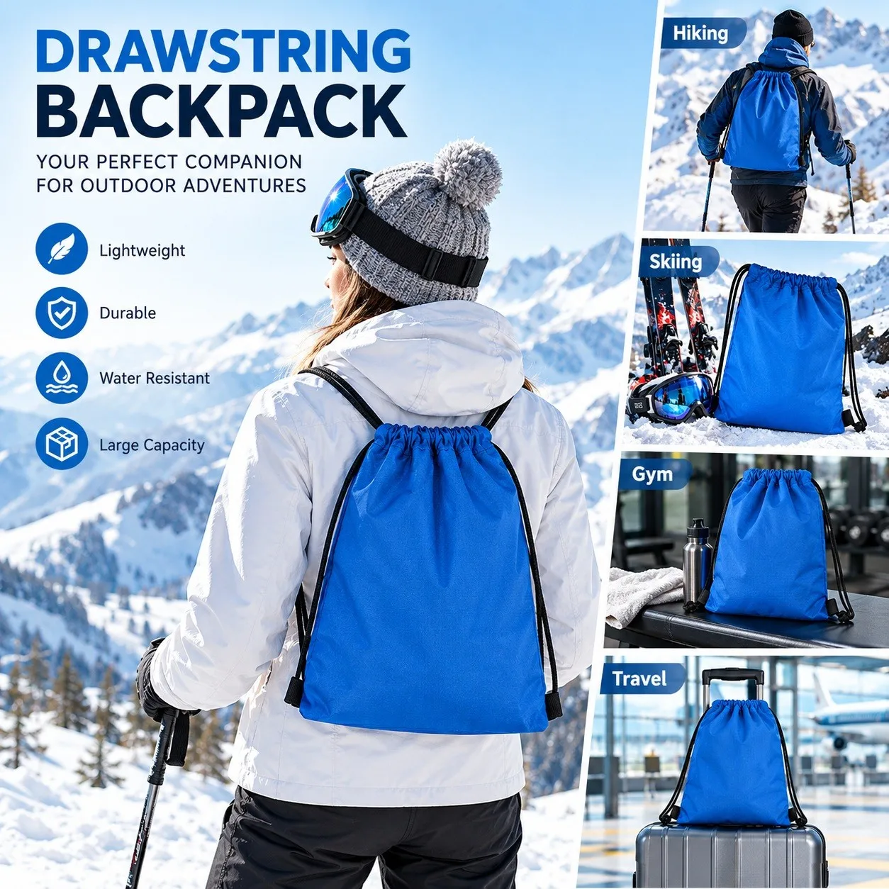 Drawstring backpack outdoor hiking skiing gym travel scene